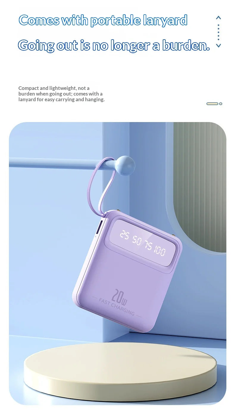 20000mAh 10000mAh Power Bank Built-in Cable Phone External Battery Powerbank Charger for Xiaomi Poco iPhone Samsung iPad