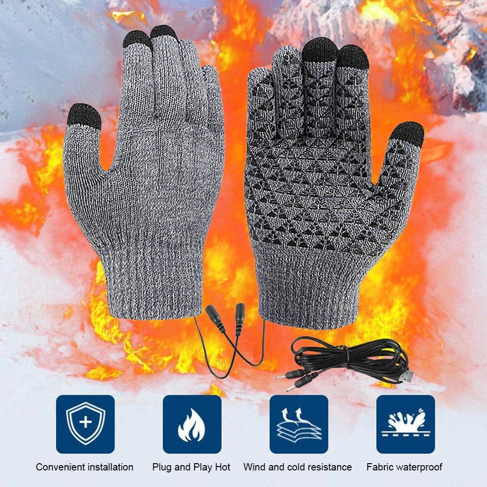 Rechargeable Electric Heated Gloves USB Heated Knitted Gloves Skiing Climbing Motorcycle Gloves Winter Cycling Glove for Outdoor