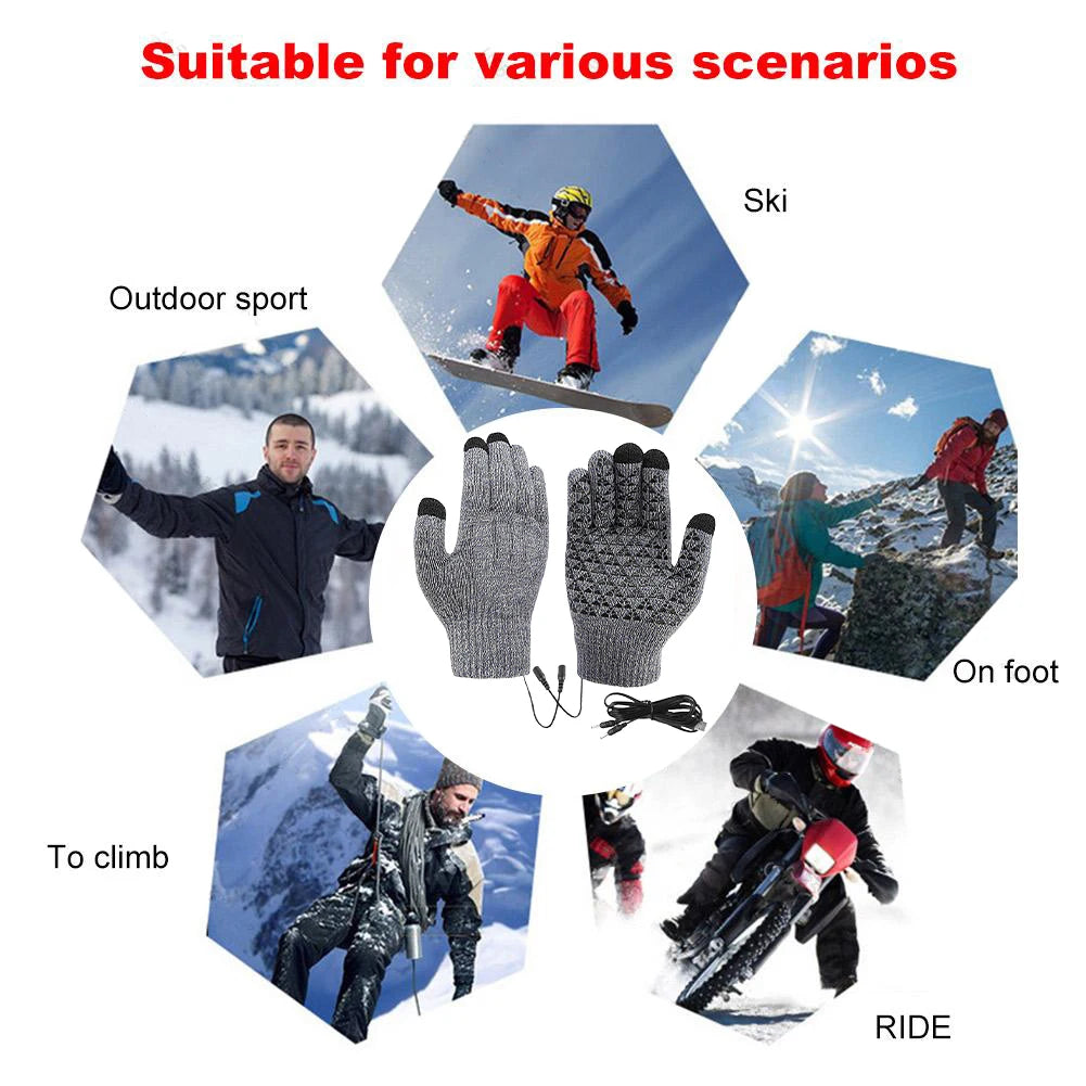 Rechargeable Electric Heated Gloves USB Heated Knitted Gloves Skiing Climbing Motorcycle Gloves Winter Cycling Glove for Outdoor