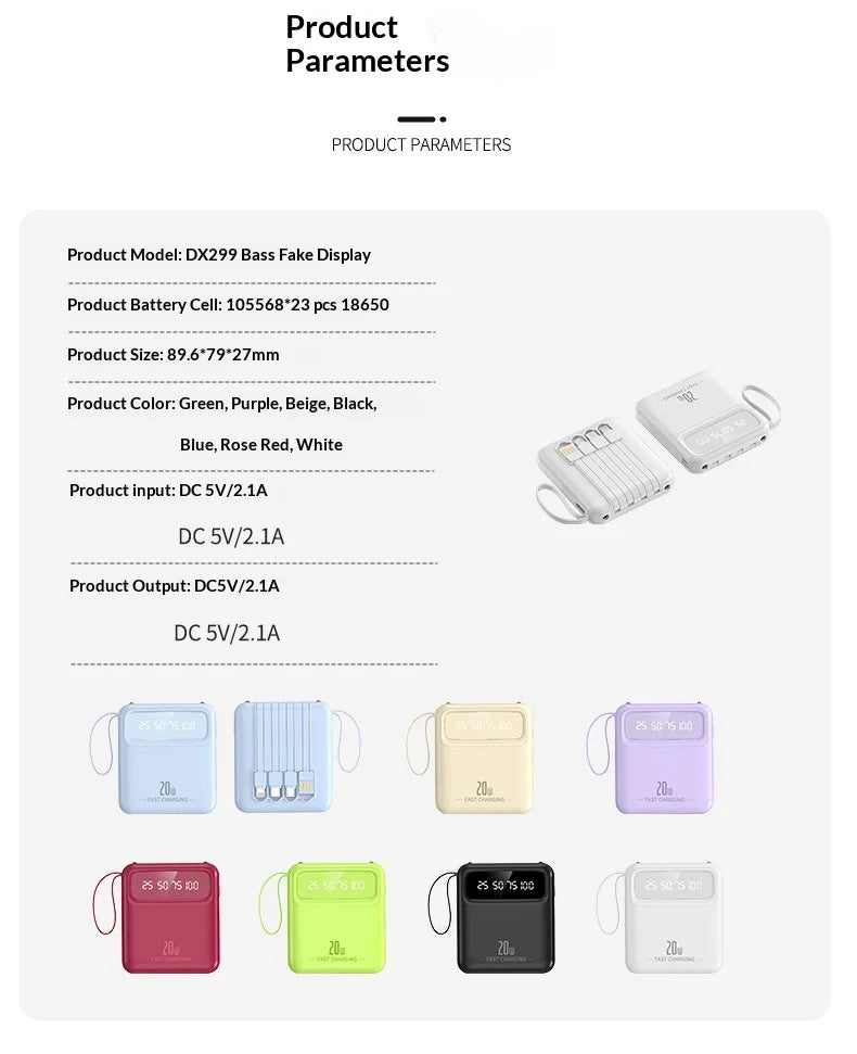 20000mAh 10000mAh Power Bank Built-in Cable Phone External Battery Powerbank Charger for Xiaomi Poco iPhone Samsung iPad