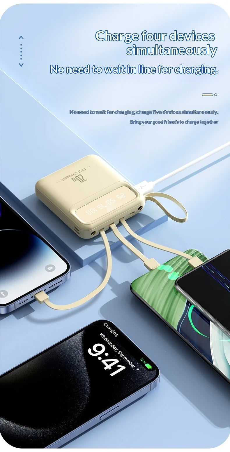 20000mAh 10000mAh Power Bank Built-in Cable Phone External Battery Powerbank Charger for Xiaomi Poco iPhone Samsung iPad