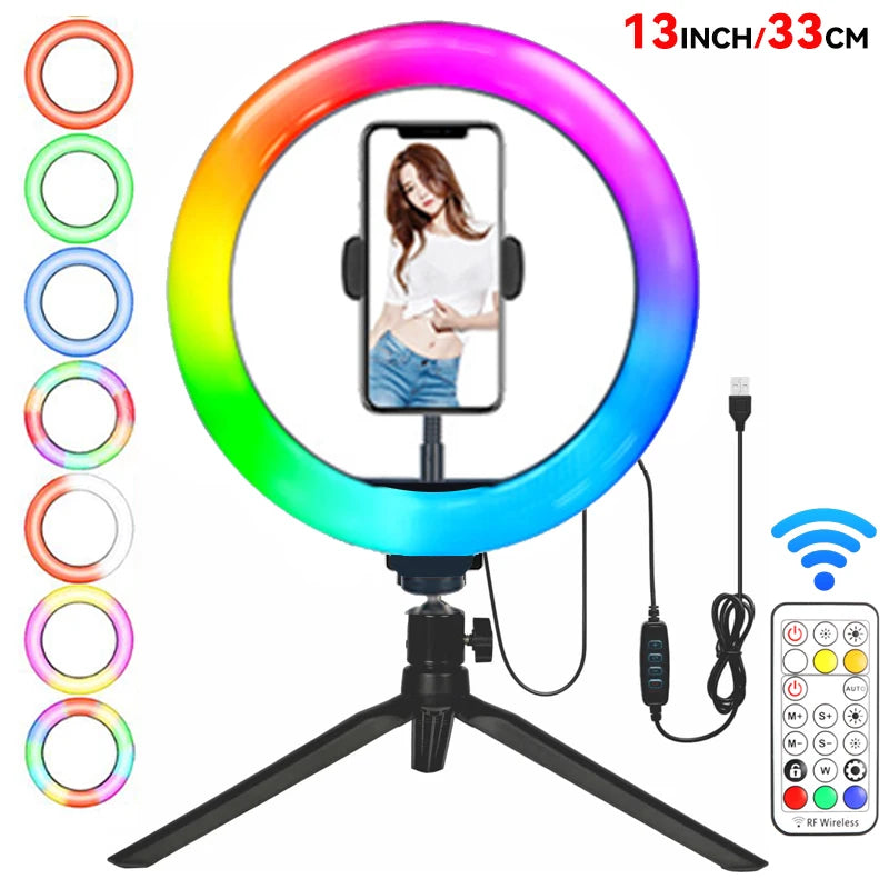 13" RGB Selfie Ring Light Tripod Stand Phone Holder Dimmable LED Ringlight for Live Stream/Makeup/YouTube/Photography