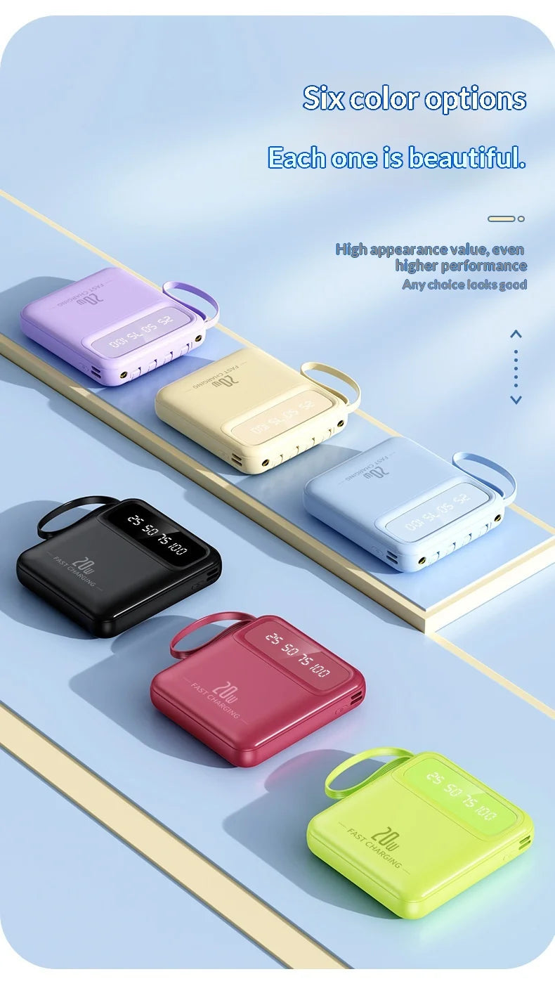 20000mAh 10000mAh Power Bank Built-in Cable Phone External Battery Powerbank Charger for Xiaomi Poco iPhone Samsung iPad