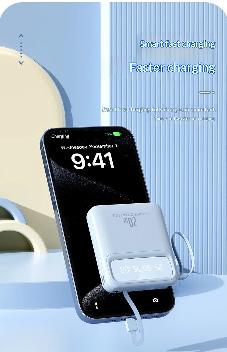 20000mAh 10000mAh Power Bank Built-in Cable Phone External Battery Powerbank Charger for Xiaomi Poco iPhone Samsung iPad