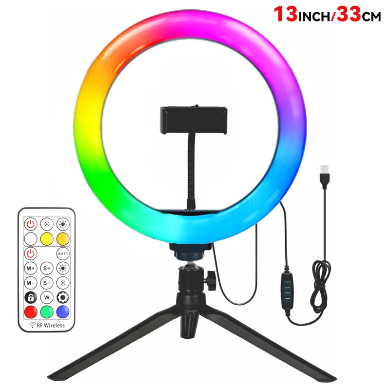 13" RGB Selfie Ring Light Tripod Stand Phone Holder Dimmable LED Ringlight for Live Stream/Makeup/YouTube/Photography