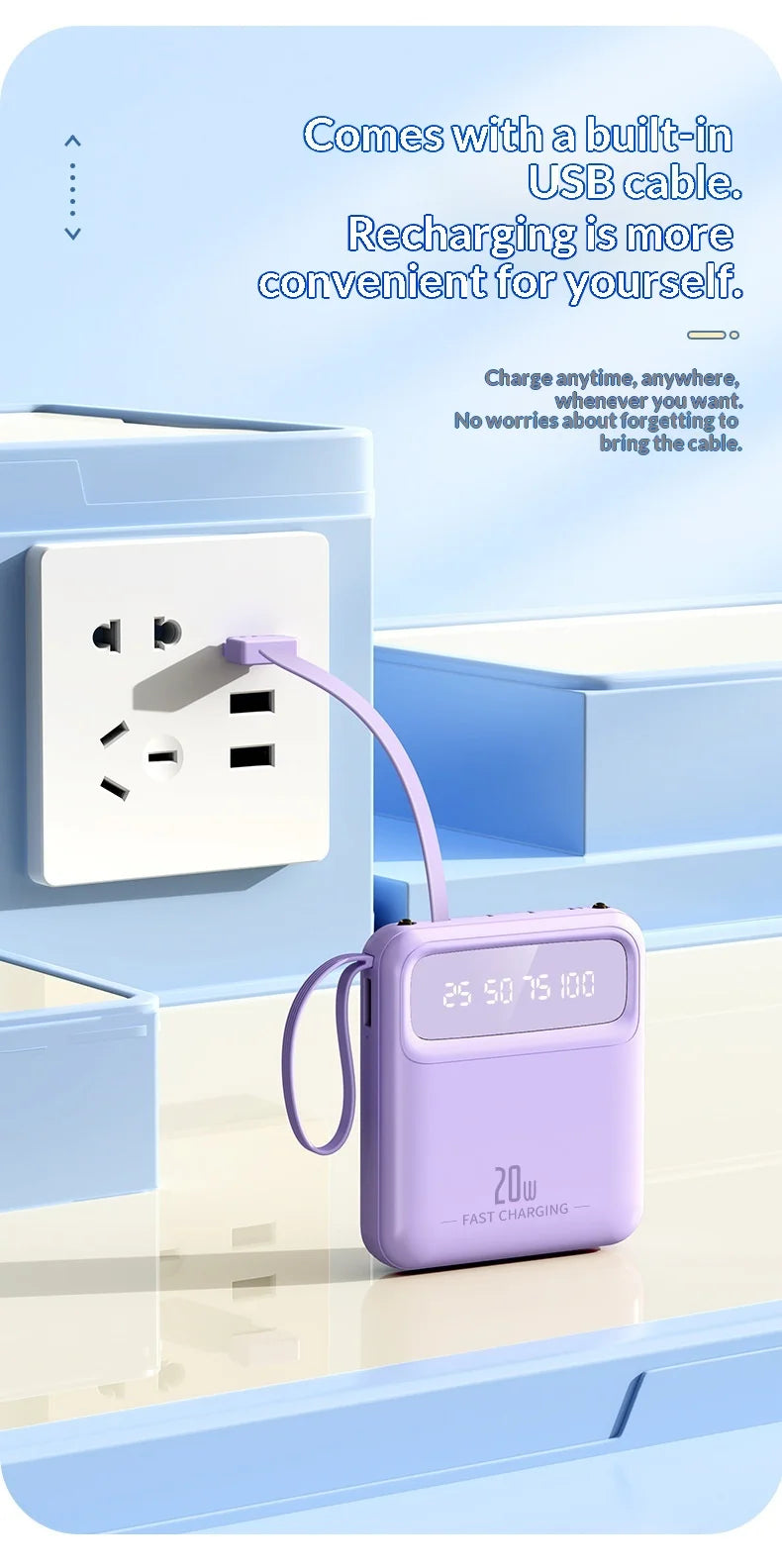 20000mAh 10000mAh Power Bank Built-in Cable Phone External Battery Powerbank Charger for Xiaomi Poco iPhone Samsung iPad