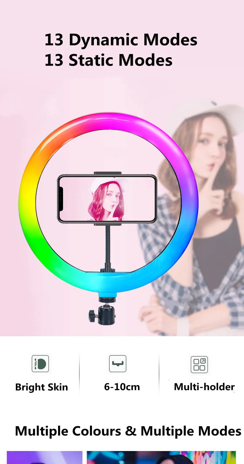 13" RGB Selfie Ring Light Tripod Stand Phone Holder Dimmable LED Ringlight for Live Stream/Makeup/YouTube/Photography