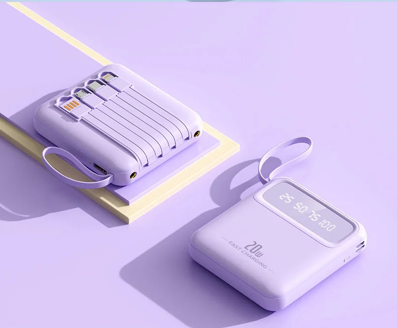 20000mAh 10000mAh Power Bank Built-in Cable Phone External Battery Powerbank Charger for Xiaomi Poco iPhone Samsung iPad