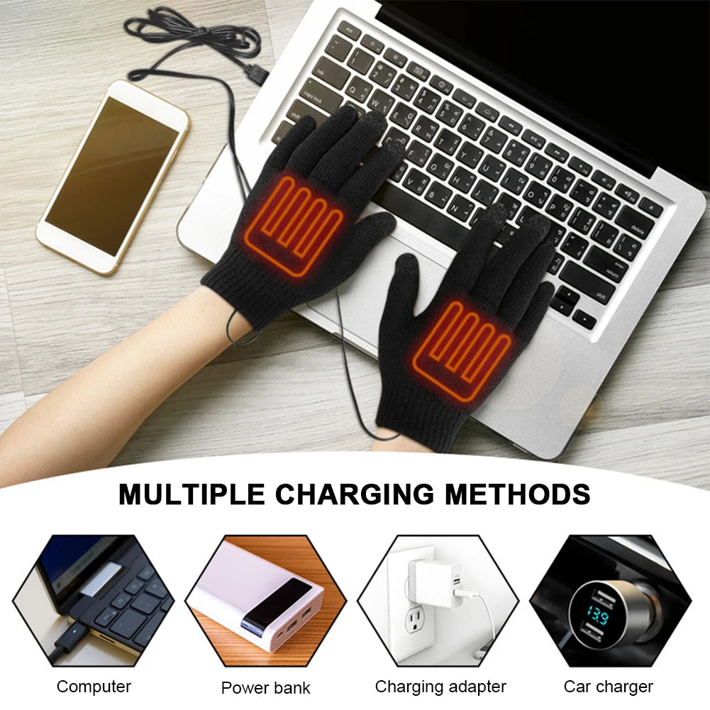 Rechargeable Electric Heated Gloves USB Heated Knitted Gloves Skiing Climbing Motorcycle Gloves Winter Cycling Glove for Outdoor